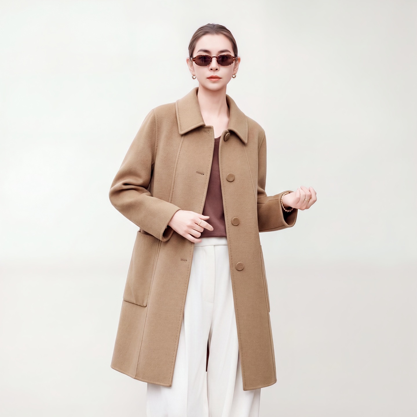 2026 Autumn/Winter Lapel Single-Breasted Double-Faced Wool Coat for Women: Elegant, Simple, Mid-Length, Straight Cut Wool Coat