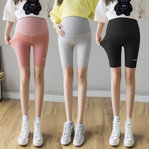Maternity pants summer casual fashion thin bottom leggings ice silk print high-waisted five-hole outerwear maternity shorts