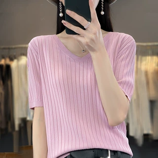 夏女装新曲珠冰丝短袖女针织T恤女薄款V领背心外贸出口厂批发代发