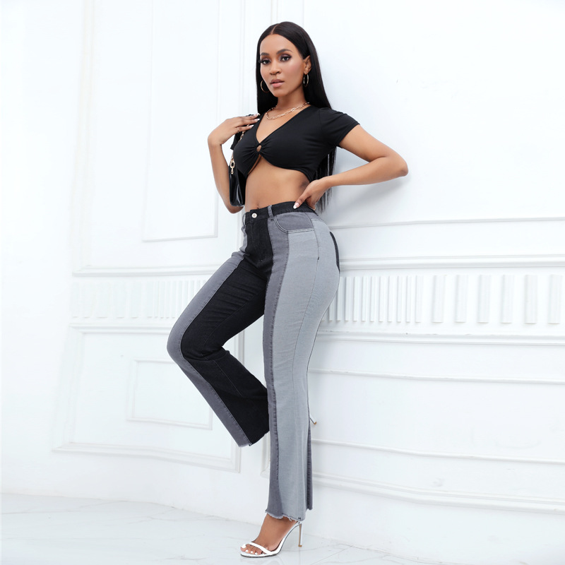 2023 Amazon nuevo estilo transfronterizo europeo y americano moda elástica lavado de color contraste jeans mujeres al por mayor procesamiento personalizado