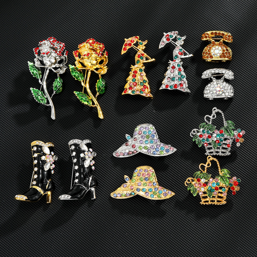 亚马逊欧美新款靴子帽子花篮滴油珐琅胸针包包衬衣服饰别针批发
