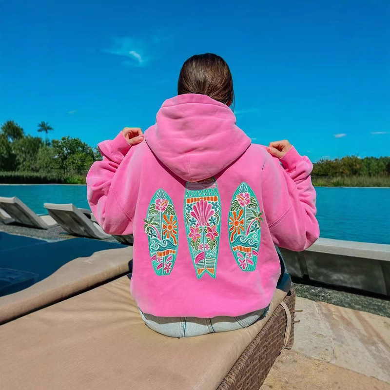 2025 Popular Export Hawaiihibiscus Sweatshirt Ins Women's Dropped Shoulder Sleeve Threaded Hoodie Printing