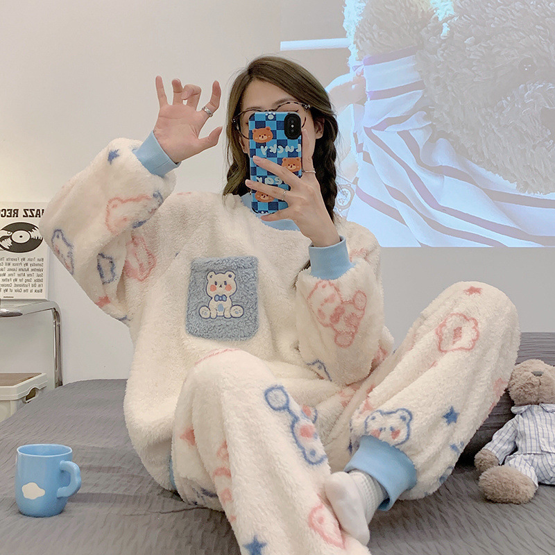 睡衣女秋冬季珊瑚绒加厚保暖韩版束口卡通可爱法兰绒家居服套装女|undefined