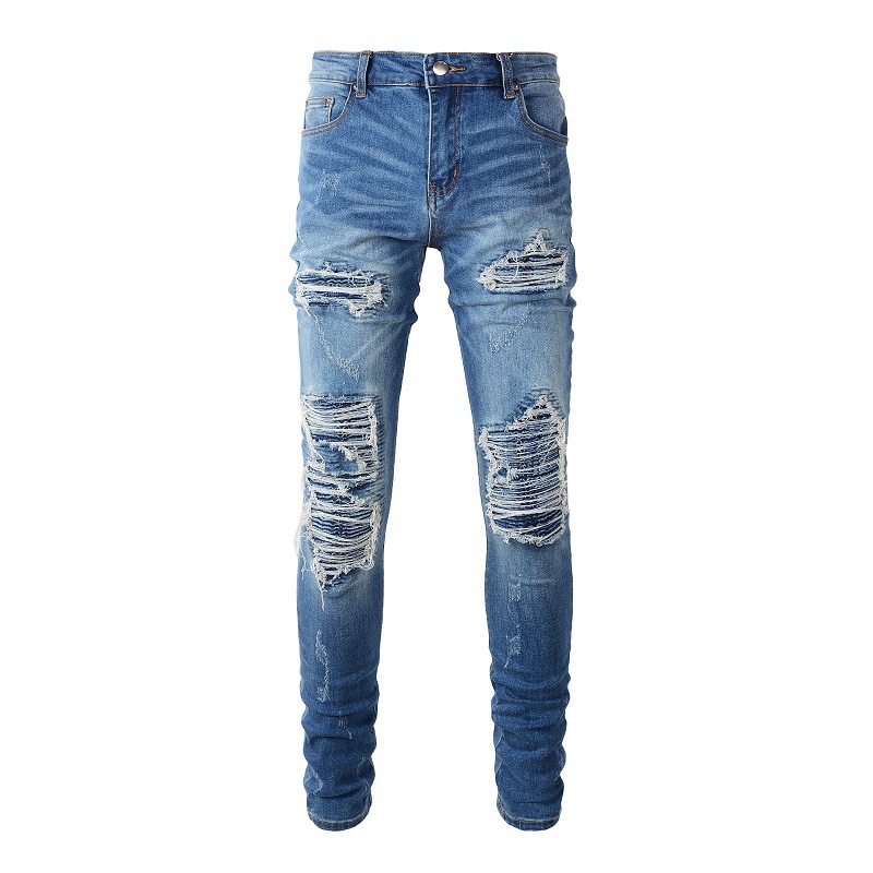 Herrenbekleidung Slim Fit Street Style Marke abgenutzte Löcher Jeans Patch Bettler Jeans Herren Lieferung_voghion.com
