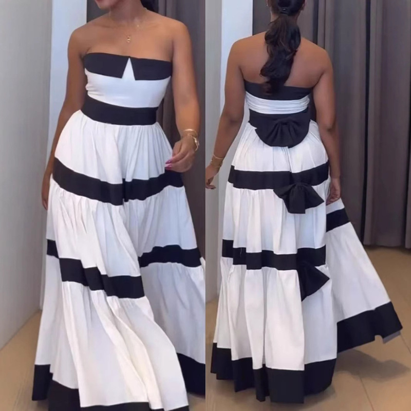 2025 summer new European and American cross-border Amazon cross-border fashion color stitching striped bow dress