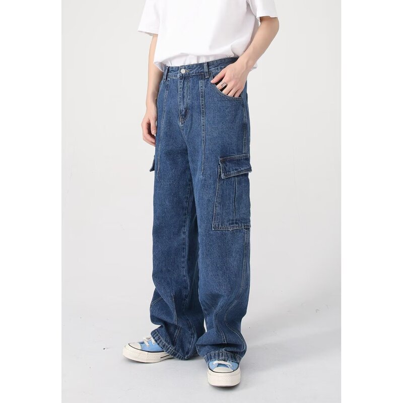 American Street Style Multi-Pocket Straight-Leg Jeans for Men, Loose Vintage Workwear Casual Wide-Leg Pants