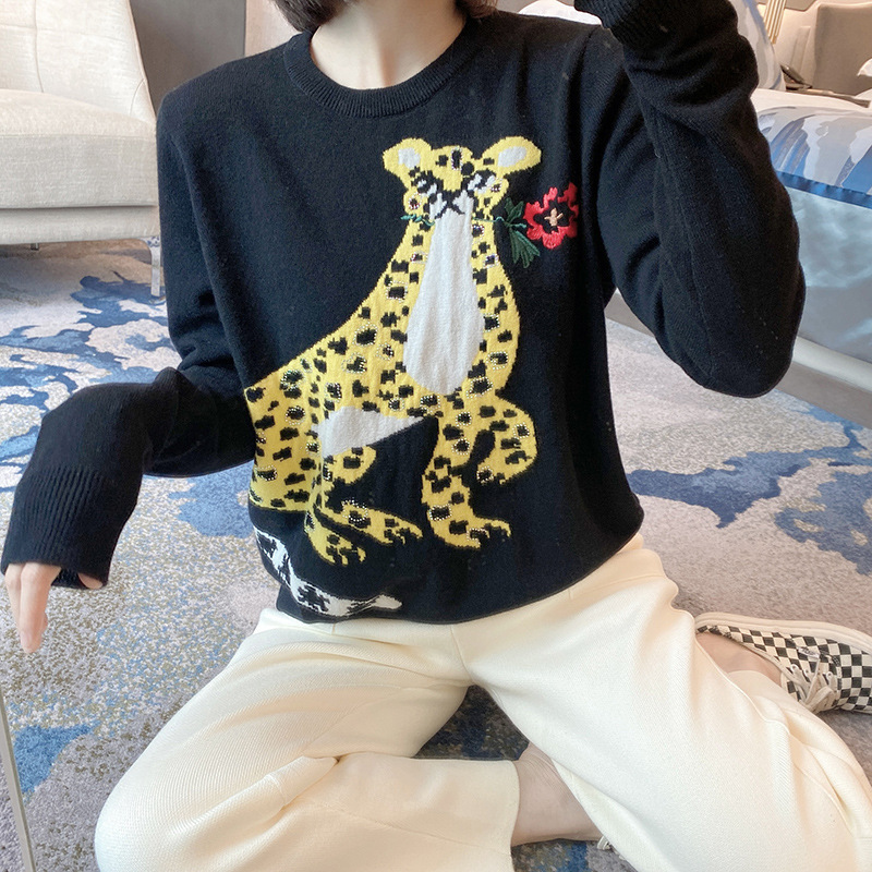 2024 Leopard Pullover Sweater Women's Autumn and Winter New Retro Loose Lazy All-Wool Sweater Stylist Top