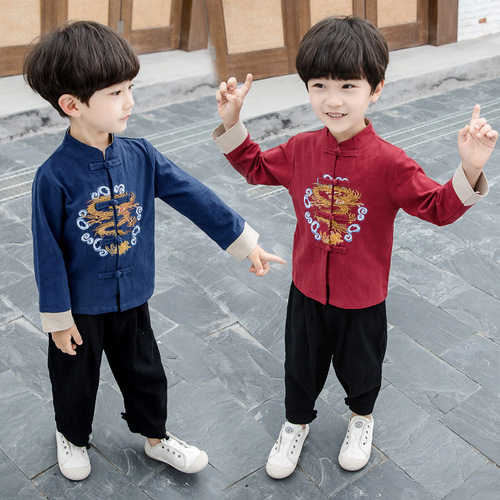 Spring and Autumn Boys Hanfu Suit Chinese Style Retro Children's Tang Suit Long Sleeve Cotton and Linen School Uniform Girls Performance Clothing Wholesale