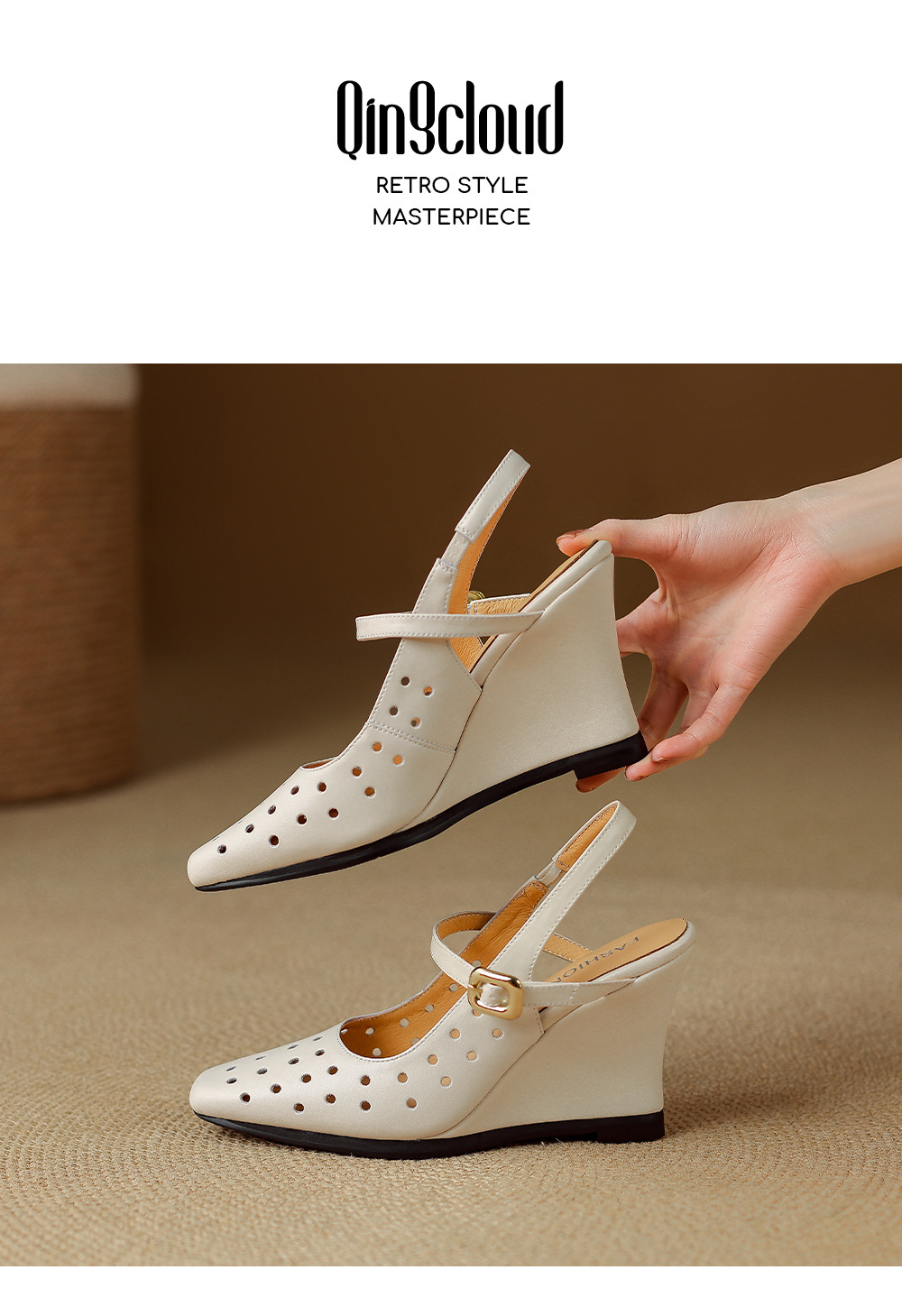 Sandal cao gót nữ mũi vuông quai ngang đế xuồng da thật lỗ thoáng khí — màu vàng, Trắng sữa, bạc chi tiết 13