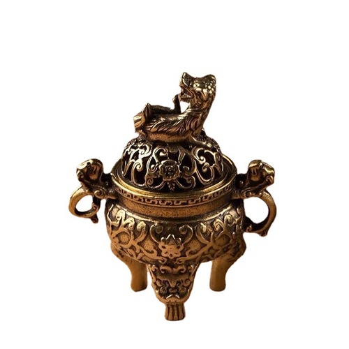 Pure copper incense burner antique three-legged and double-eared aromatherapy burner with lid mini Pixiu tripod handle piece Kirin copper small incense burner