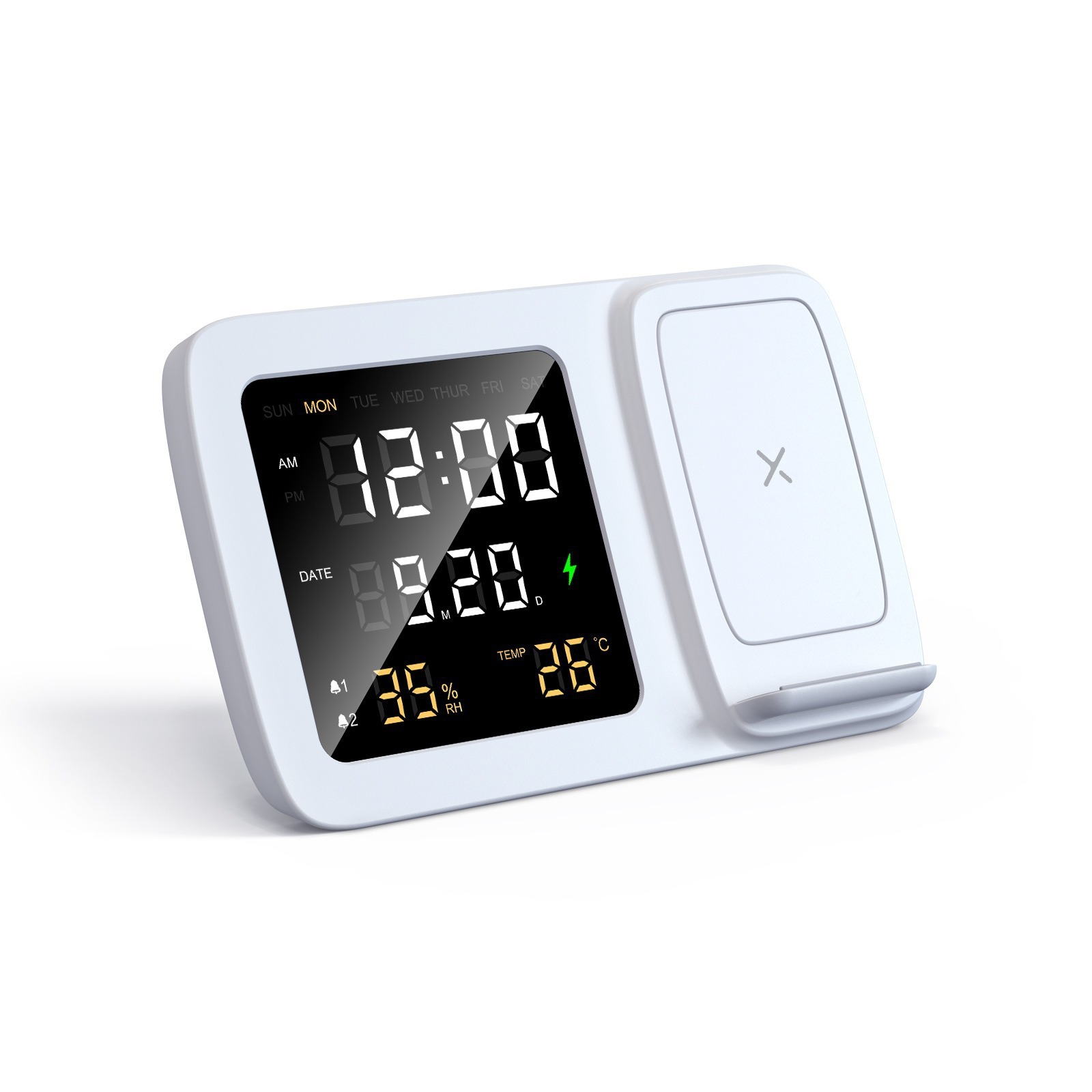 Nuevo transfronterizo multi-funcional gran pantalla electrónica calendario reloj despertador temperatura y medidor de humedad 15W inalámbrico de carga rápida