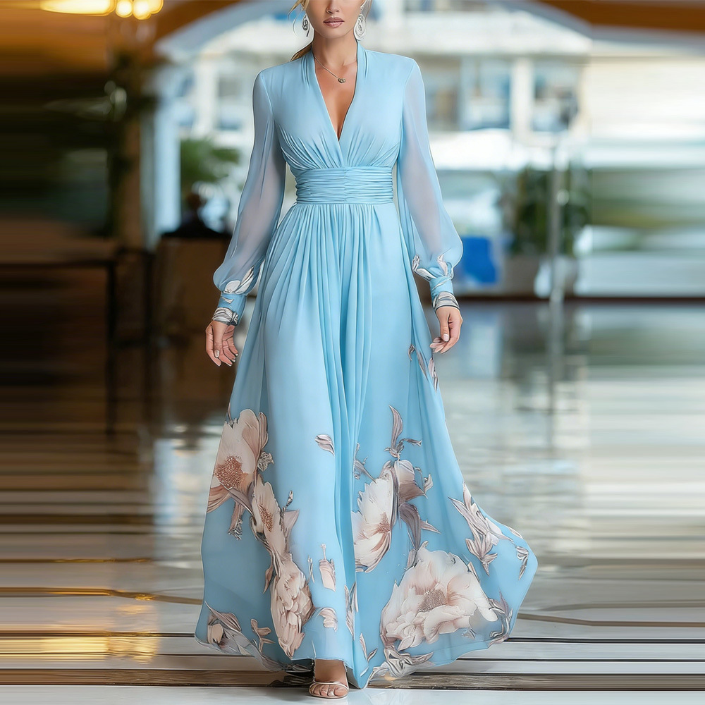 Robe longue printanière à empiècements en maille, coupe ajustée, style français, pour femme. Robe maxi imprimée polyvalente._voghion.com