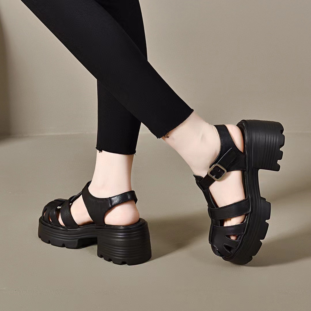 Dép sandal La Mã nữ đế dày da thật mũi tròn gót dày khoét lỗ thoáng khí tăng chiều cao — màu be chi tiết 5