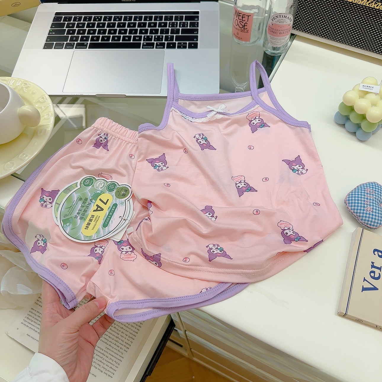 7a traje de honda antibacteriano de verano para niños, pantalones cortos sin mangas para niñas, estilo princesa perezoso para niñas, estilo delgado