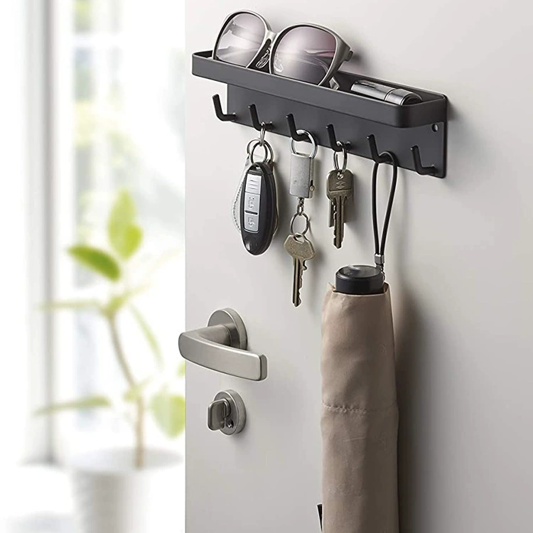 Weiye Home Self-Adhesive Key Holder with 6 Hooks, Wall-Mounted Shelf, White or Black, 24.5x4.5x6cm