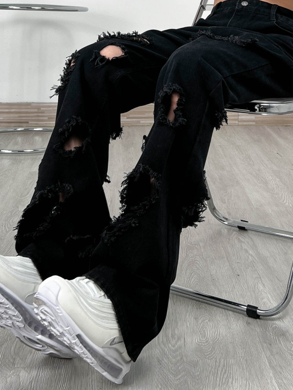 Summer American Style Retro Ripped Micro Horn Black Jeans Men's Trendy Brand High Street Straight Slimming Loose Pants