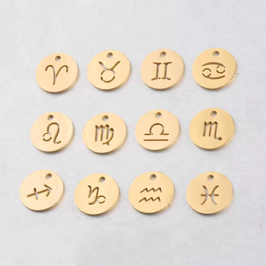 跨境热销镜面钛钢12mm单孔圆形圆牌镂空星座饰品配件DIY几何吊坠