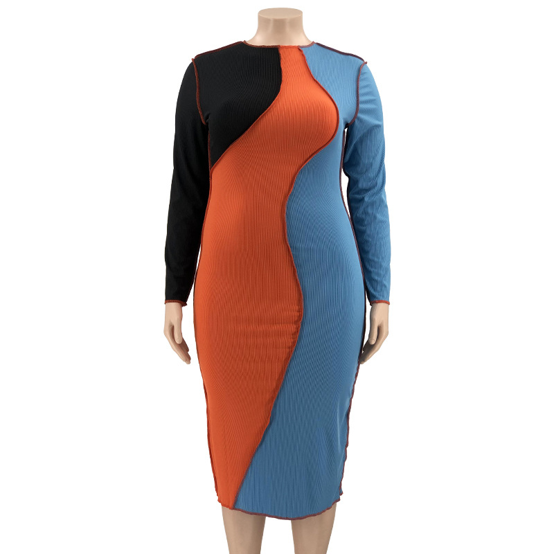 Regular Dress Elegant Round Neck Patchwork Rib-Knit Long Sleeve Color Block Midi Dress Daily display picture 53