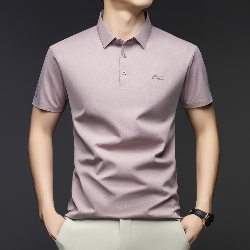 Summer New Men's Short-Sleeve Seamless T-Shirt, Solid Color, Turn-Down Collar, Loose Fit, Thin Style, Young and Middle-Aged Men's Half-Sleeve Base Shirt
