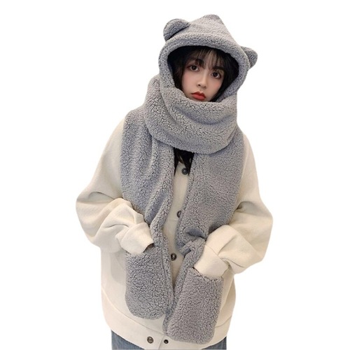 Bear Hat Scarf One-piece Plush Hat Cute Winter Knitted Hat Women's Plus Velvet Thickened Warm Wool Hat Wholesale