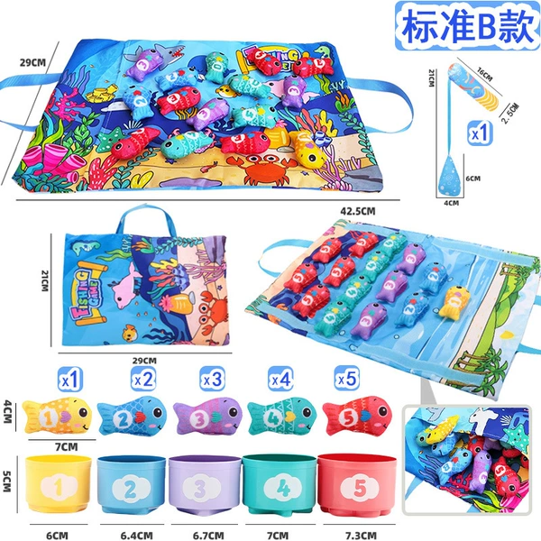 【B Model Standard Edition】5 stacked cups + 15 fish + 1 fish rod + ocean game mat (can be stored) bag