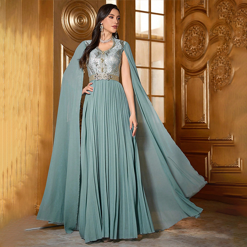 KY752欧美超斗篷袖绣花连衣裙中东跨境女王气质迪拜晚宴晚礼服