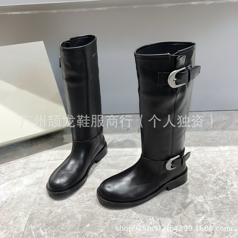 高版小众新款真皮拼接麂皮圆头复古皮带扣高筒骑士靴不过膝长靴女|undefined