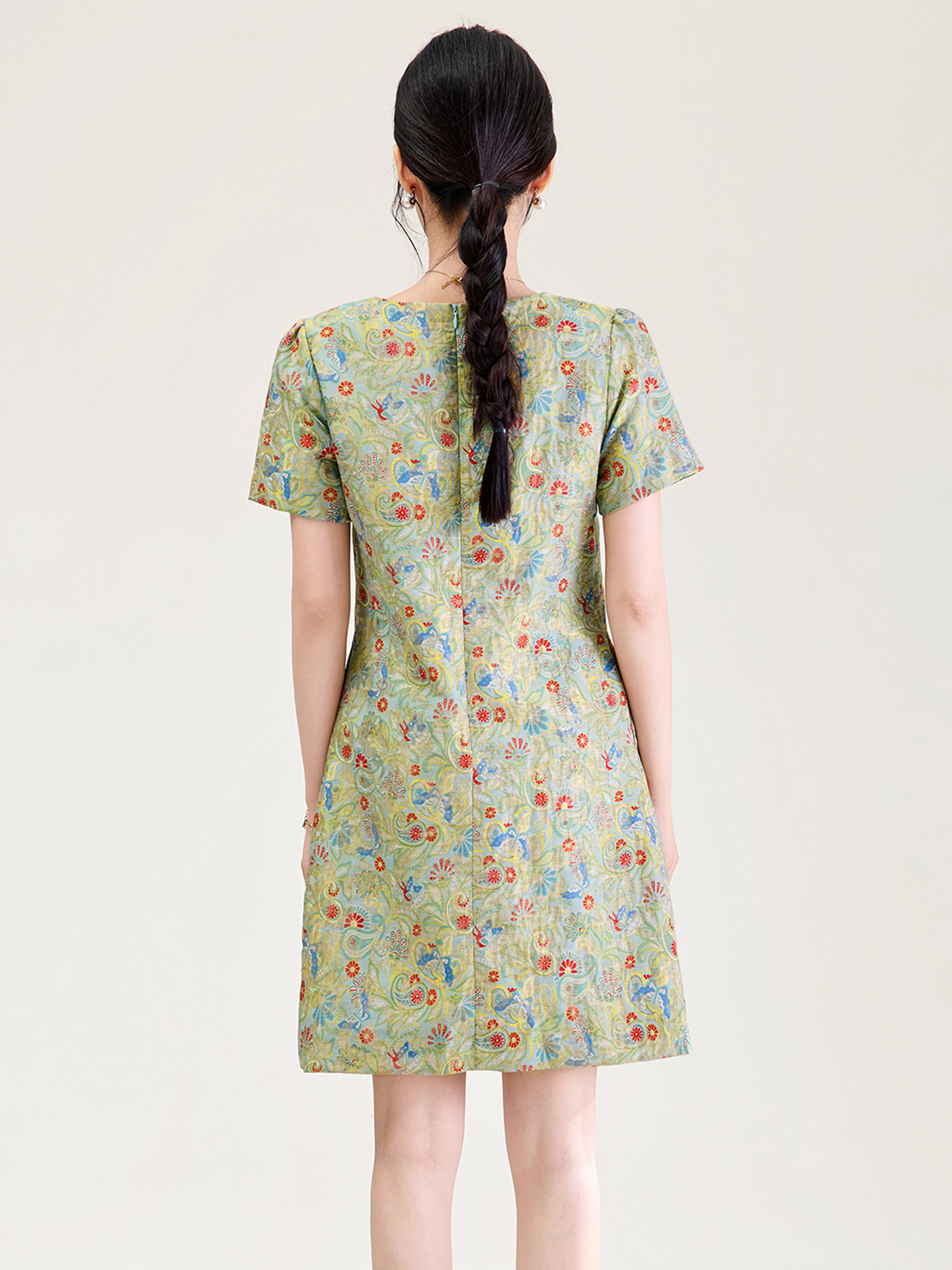 Váy maxi nữ thắt eo dáng suông họa tiết jacquard pha len — xanh lá cây