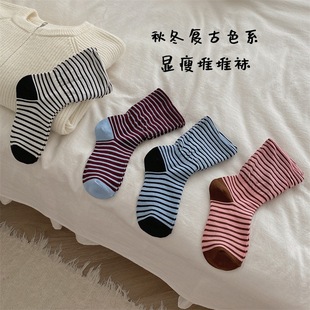 Autumn and Winter Ins New Loose Socks Mouth Dopamine Color-matching Striped Boneless Moon Socks South Korea Mid-tube Stacked Socks for Women