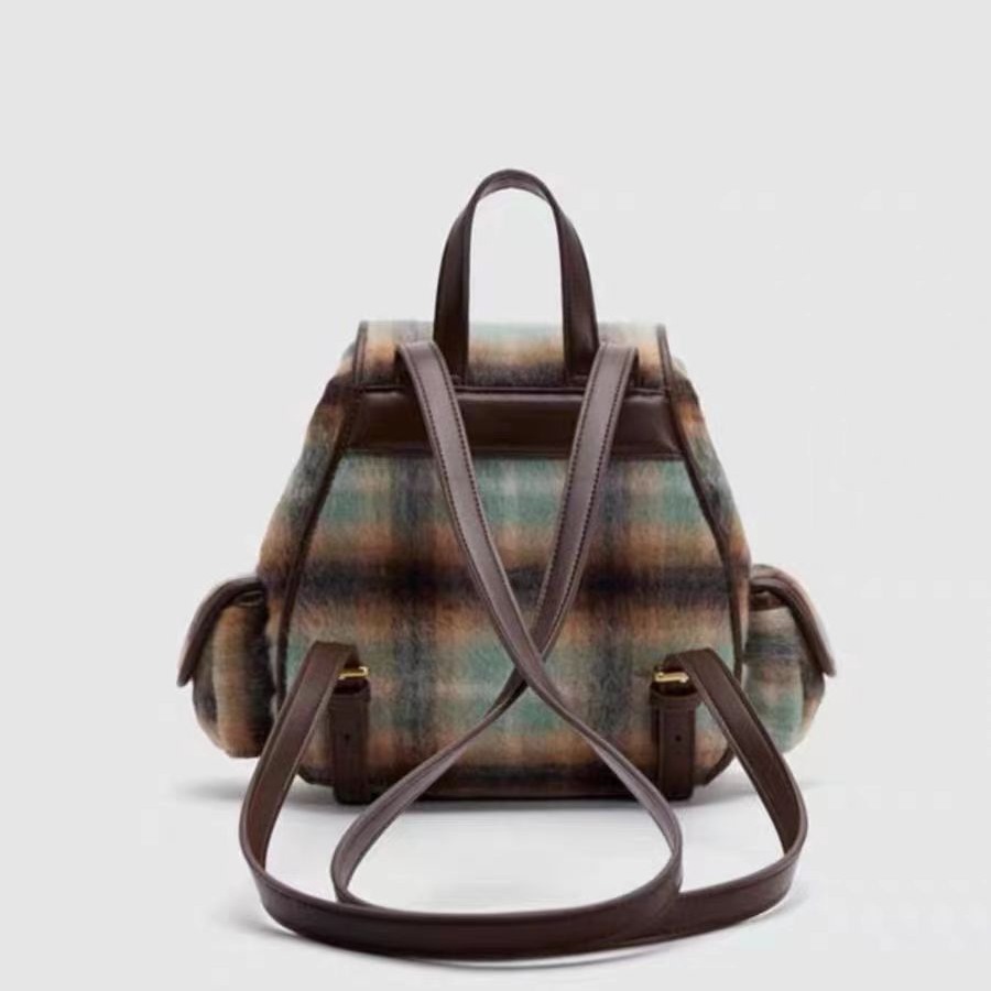 Mochila para las mujeres 2023 Otoño e Invierno nueva moda gradiente contraste color Plaid estudiante universitario mochila Suede Retro