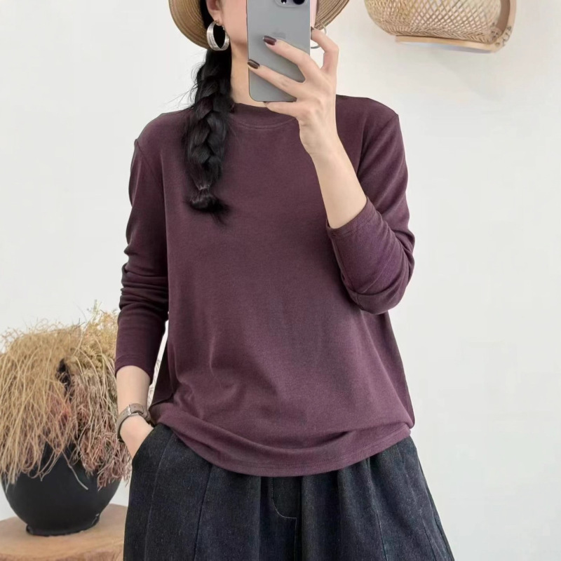 新品韩版显瘦百搭圆领宽松内搭 纯色打底衫长袖T恤女|undefined