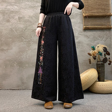 中老年洋气妈妈民族绣花刺绣长裤裤子复古棉麻女裤新款宽松阔腿裤