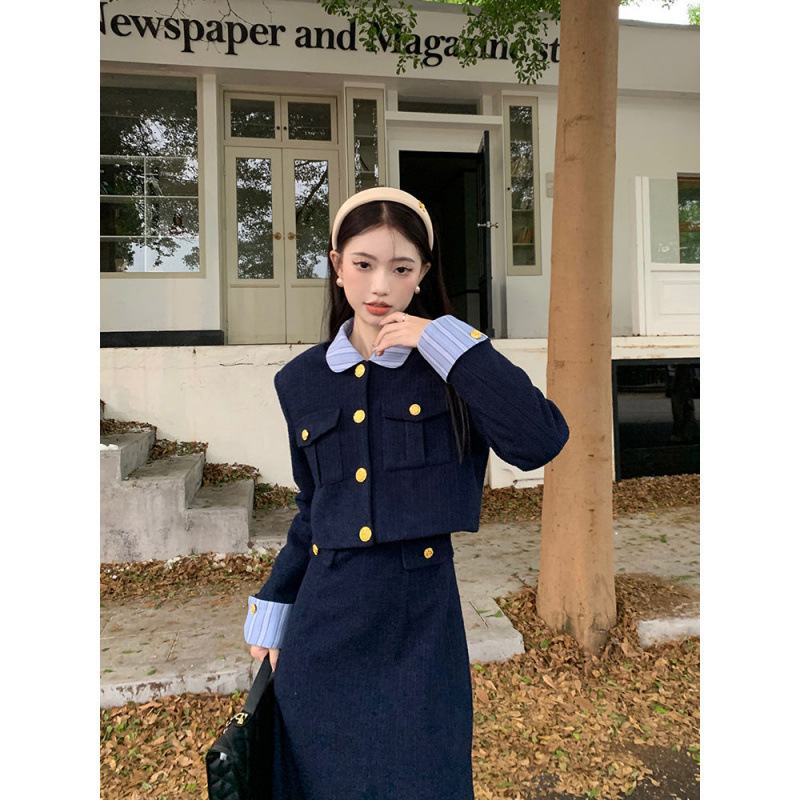 uj法式小香风长袖外套条纹拼接连衣裙女秋冬新款时尚两件套sd|undefined