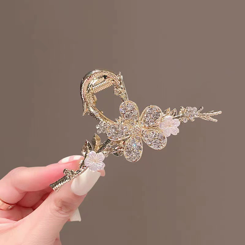 Зажим-домик для волос (краб) с золотистым и Rhinestones, акцент на ветке цветка