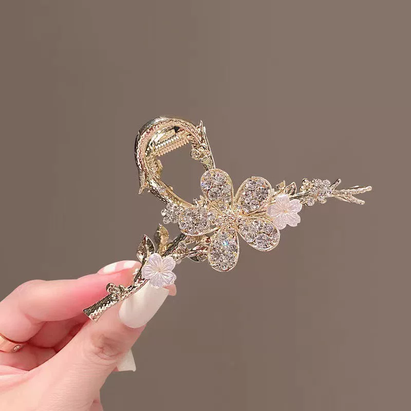 Зажим-домик для волос (краб) с золотистым и Rhinestones, акцент на ветке цветка
