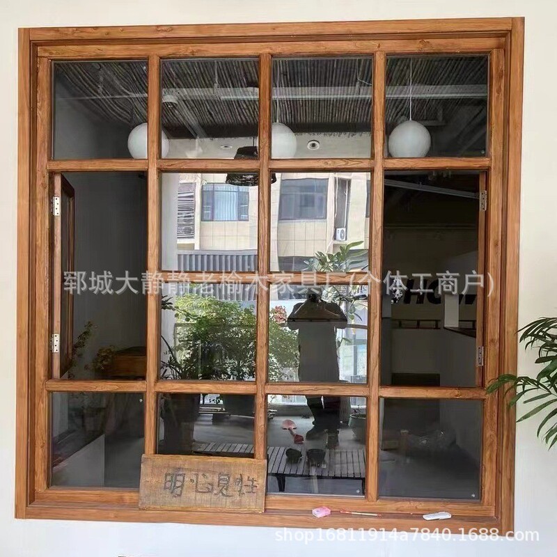 Retro Old Elm Wood Door and Window Frames, Distressed Glass Doors and Windows for Milk Tea Shops and Cafes, Rustic Flower Shop Solid Wood Door and Window Frames