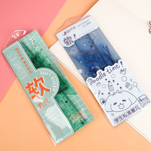 Cartoon Set of Four Student Stationery Rulers: Multi-functional Set Includes Triangular Ruler, Protractor, Straightedge, and Flexible Ruler - Wholesale