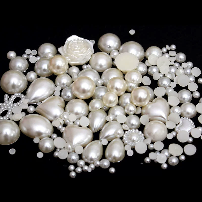 Flat‑Back Pearl Beads Set, Mixed Shapes 2–12 mm, Milky‑white & Peach Assortment