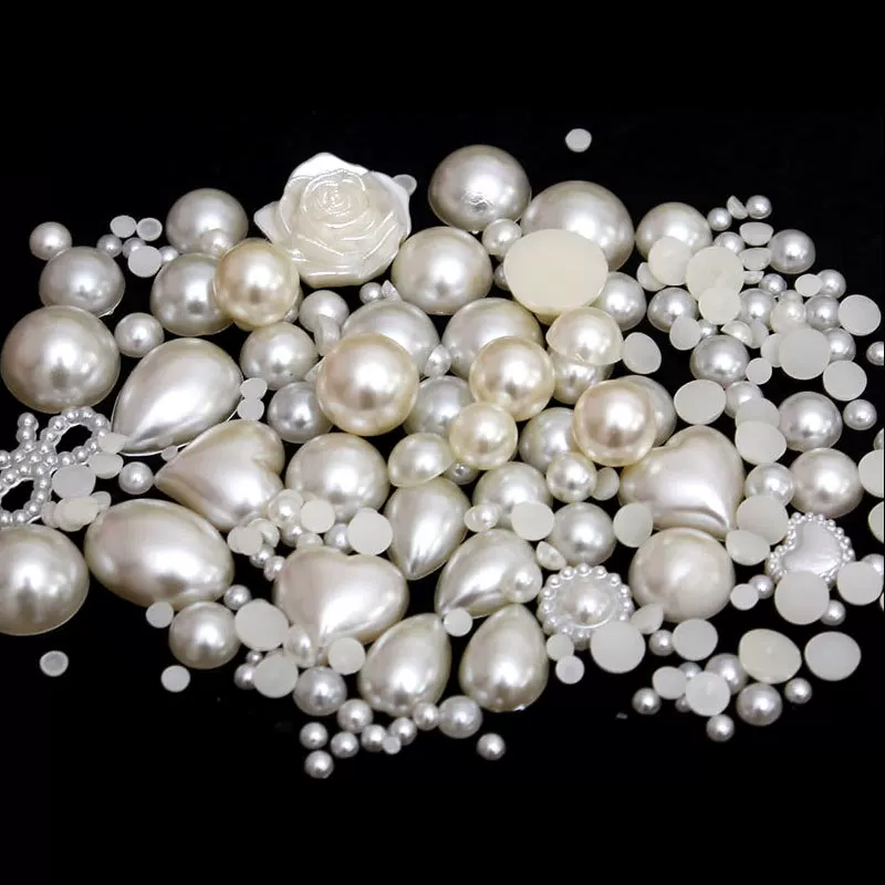 Flat‑Back Pearl Beads Set, Mixed Shapes 2–12 mm, Milky‑white & Peach Assortment