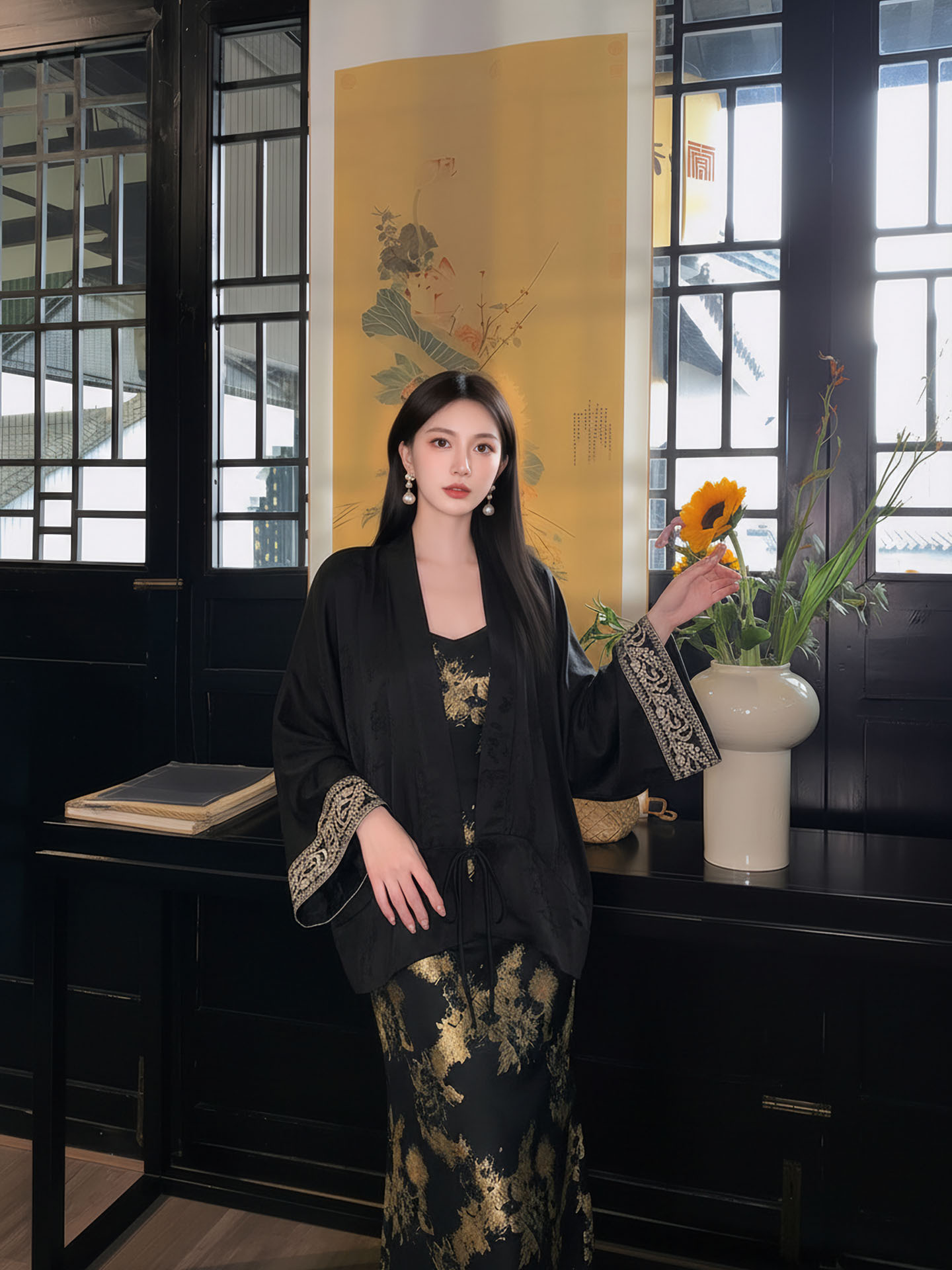 Bộ áo sơ mi lụa rộng và váy dây treo cổ điển M6056 – phong cách quốc gia sang trọng — Áo, Váy Hai Dây