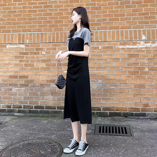 Women's Summer Long Dress, Body-Slimming, Stylish, Splicing, Short Sleeve, Knee-Length, Slit Dress