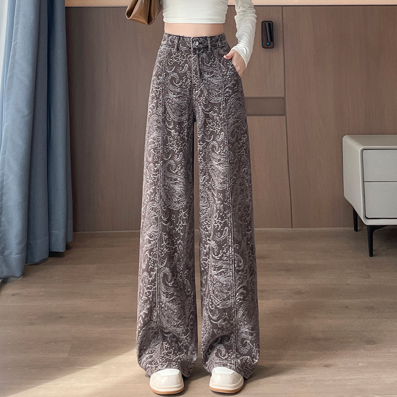 提花阔腿牛仔裤女2025秋季新款高腰垂感宽松显瘦梨形身材直筒裤子|undefined