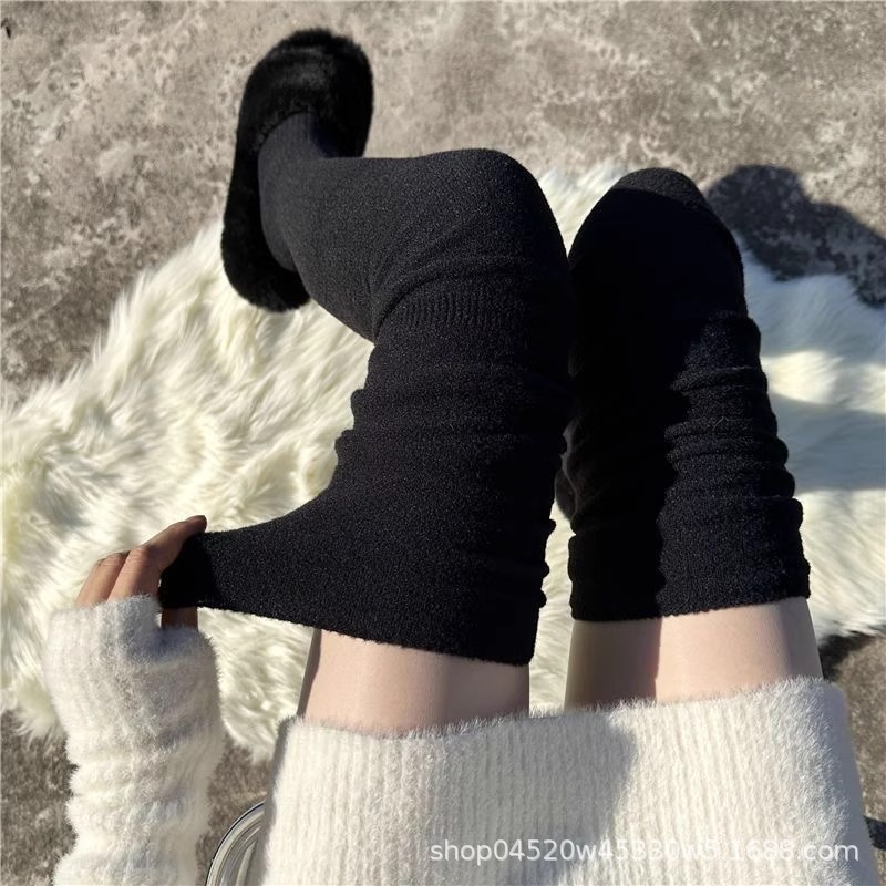 秋冬季加绒过膝袜子女秋冬季长筒加厚保暖卷边暖色小腿袜套堆堆袜|undefined
