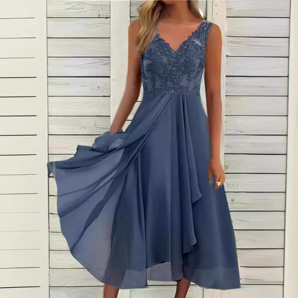 ヨーロッパの国境を越えたアマゾンのワンピースのシフォンはレースの透かし彫りの女性の長いスカートの花嫁のドレスの袖なしをつなぎ合わせます。