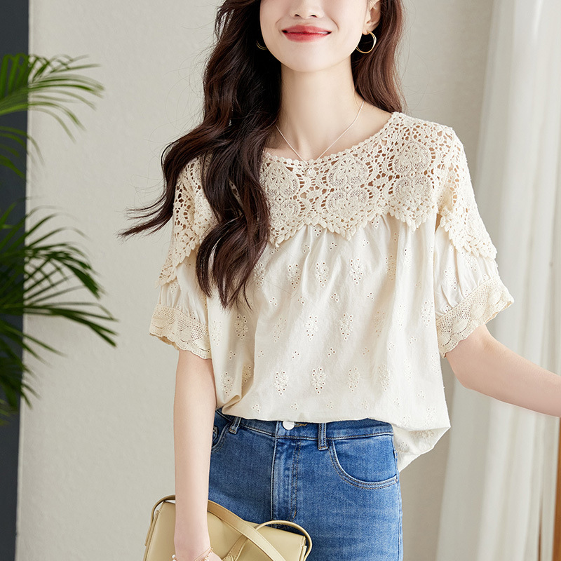 Blusa de encaje calado color albaricoque para mujer, verano 2026, cuello de hoja de loto, camisa bordada de algodón puro, diseño único, manga corta. image 4