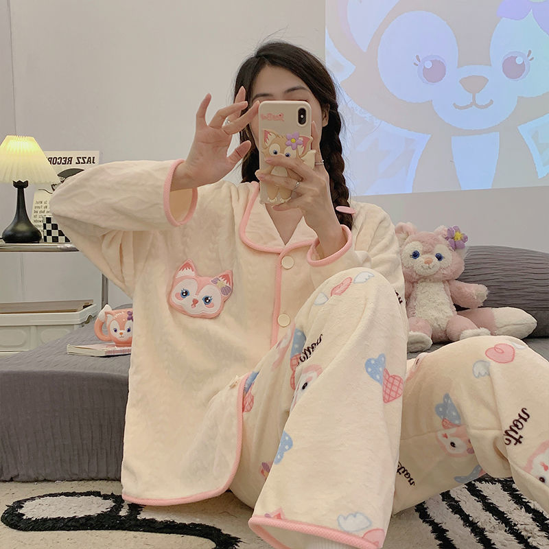 睡衣女秋冬季珊瑚绒加厚保暖韩版束口卡通可爱法兰绒家居服套装女|undefined