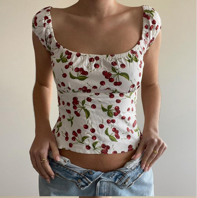 European and American Retro U-Shaped Collar Slimming Look Knitted Small Flying Sleeve Top Women's Backless Strap Sexy Versatile Short T-Shirt