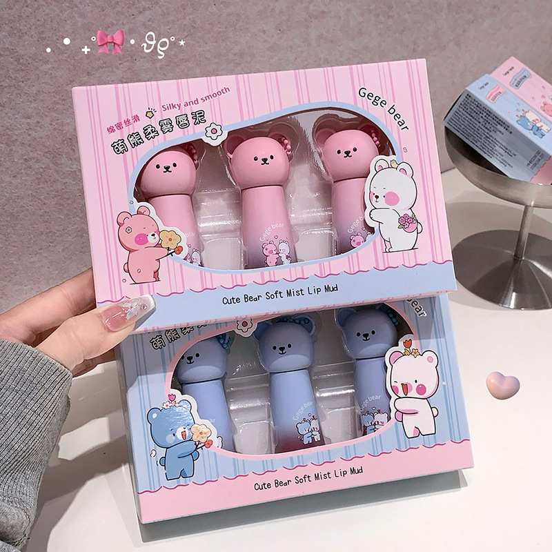 Gegebear Bear Soft Mist Lip Mud Cover Box no es fácil de tocar tazas de terciopelo mate no es fácil de descolorar el conjunto de lápiz labial blanco