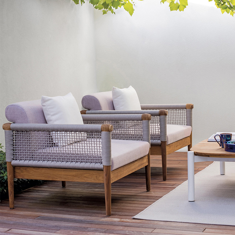 Sofá de ratán para exteriores, para balcón, sala de estar, terraza, impermeable, con protección solar, silla de descanso para jardín, patio, conjunto combinado de teca anticorrosión