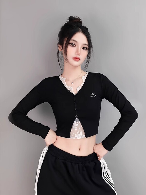 Street Dance Trendy Brand Lace Casual Jazz Hiphop Long-Sleeved Women's Dance Jazz Top Trendy Black Red Chenille